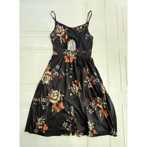 Black Floral Spaghetti Strap Open Front Button Down Sleeveless Mini Dress Size S - Picture 1 of 6